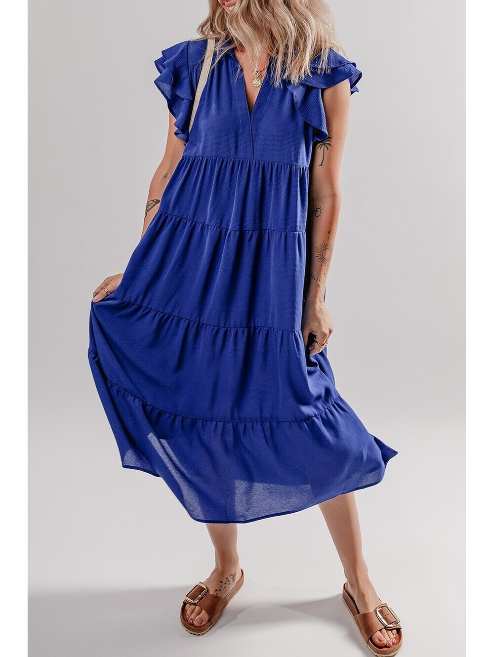 Blue Ruffle Sleeve Tiered Midi Dress